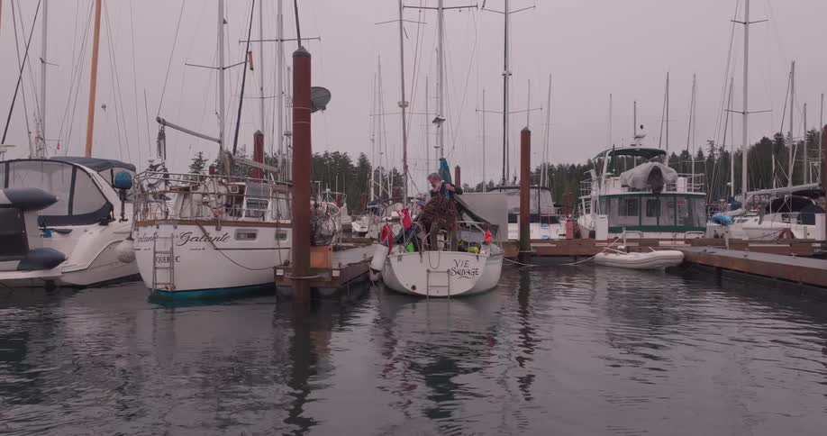 A man pulls up a crab trap onto his boat that is docked at a marina