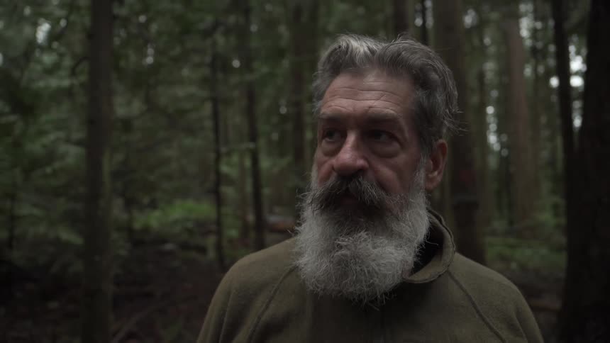 Portrait of a white bearded man walking through a forest