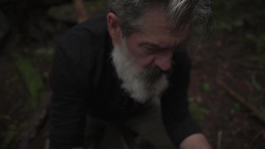 White bearded man sitting in the forest