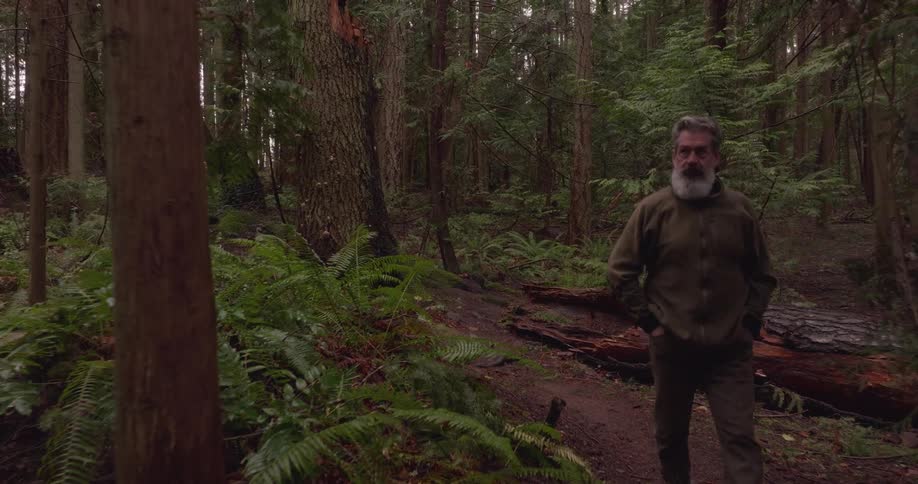 A man is walking quickly on a path and puts his hands in his pockets of his pants