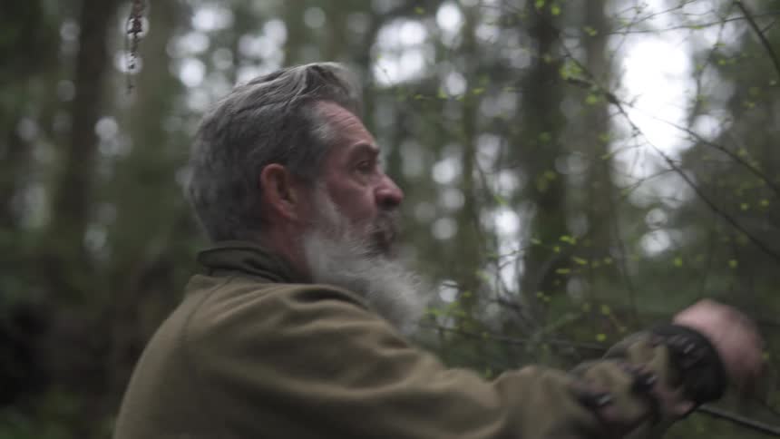 An older man pulls a knife from his back pocket and cuts bush branches in an evergreen forest