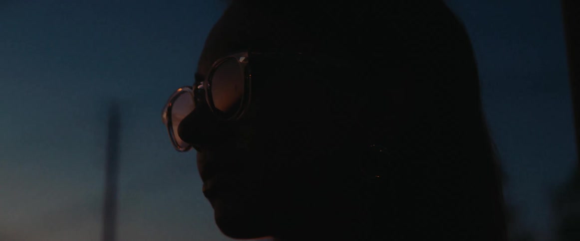 Close up of a womans face wearing sunglasses at dawn