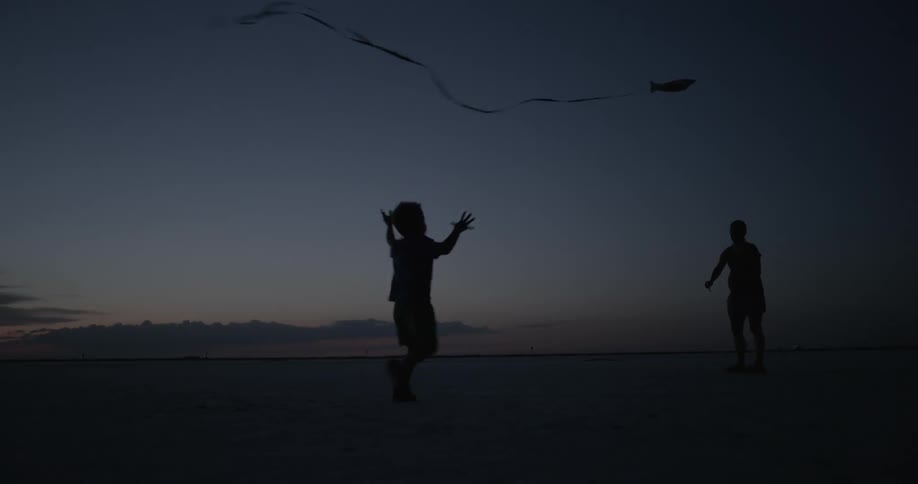 Silhouette of children chasing streamers at night