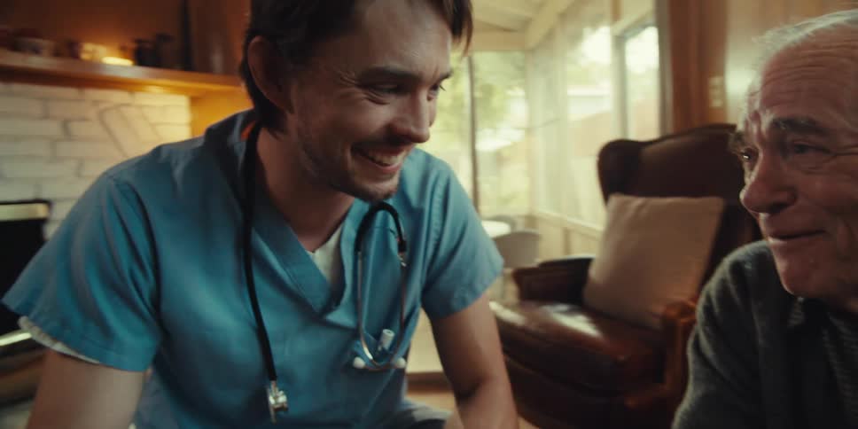 Nurse and an elderly patient interacting happily while sitting in a living room