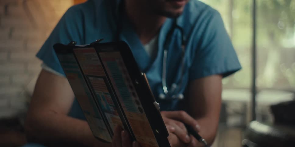 A healthcare worker talks to an elderly patient in his home