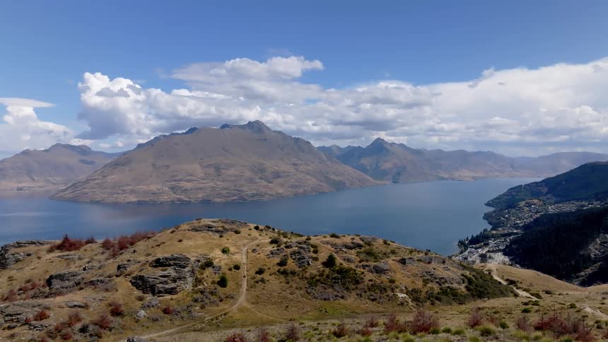 Aerial panorama of mountain ranges with lake