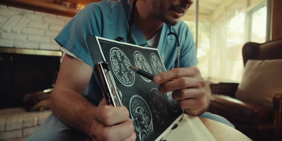 A doctor in scrubs holds a clipboard displaying brain scans and points to one with a pen while speaking in a home setting