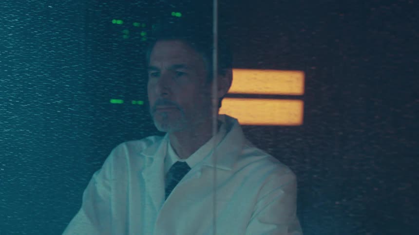 Two individuals in white lab coats stand in a dimly lit room peering through a misted window illuminated by flashing lights