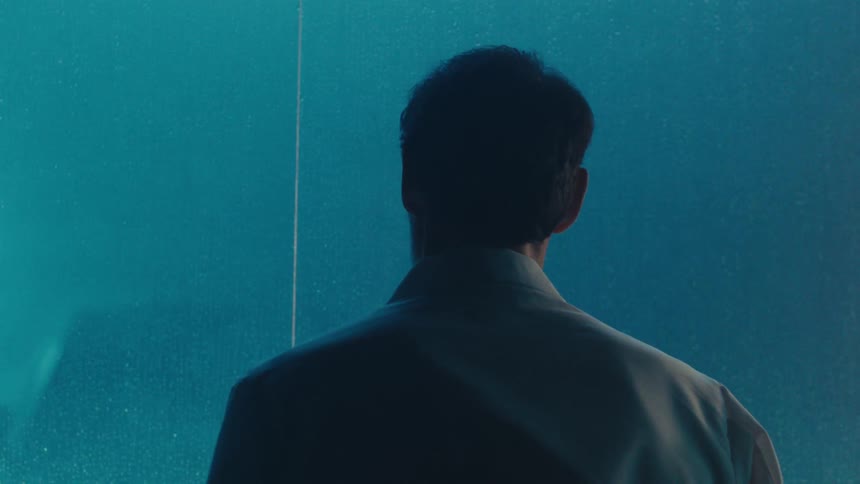 A man stands with his back to the camera gazing out a window at a bright hazy blue scene