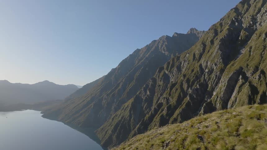 Aerial panorama of mountains and a lake