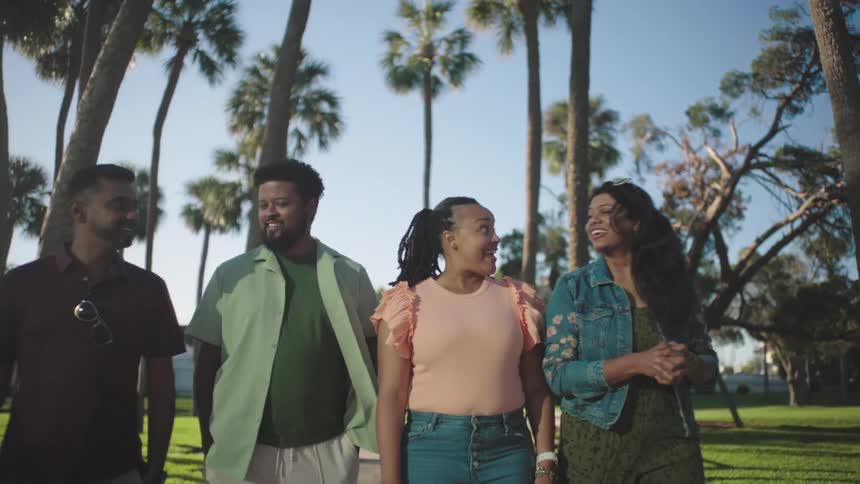 Group of four friends walking outdoors during the day