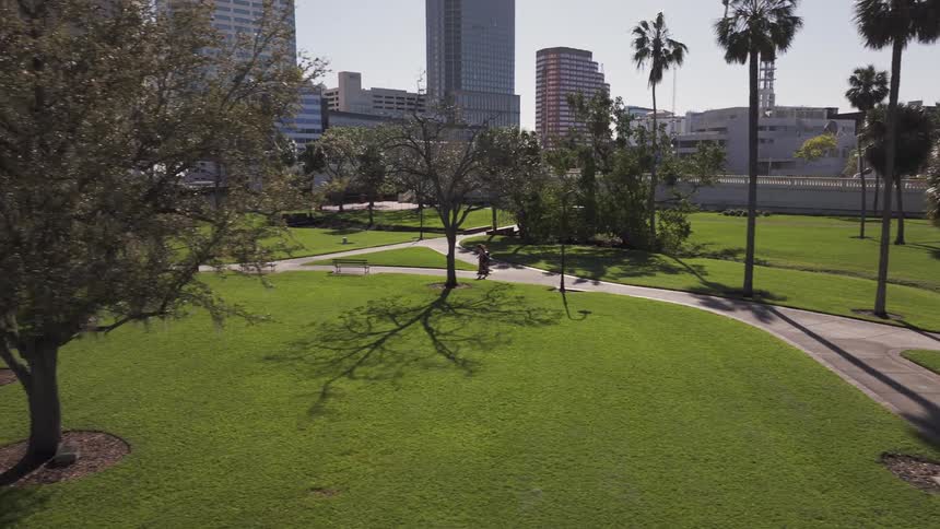Aerial view of a park with trees and a person rollerblading