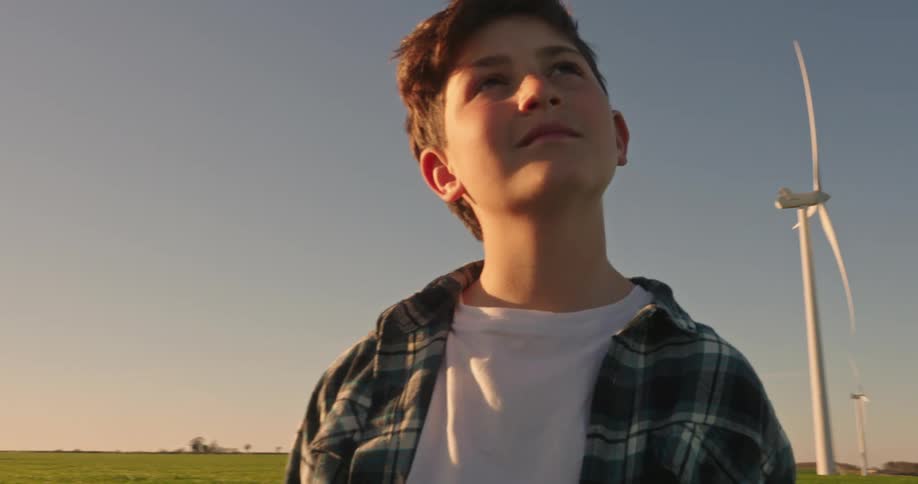Boy stands on a field among wind turbines and looks up with a smile