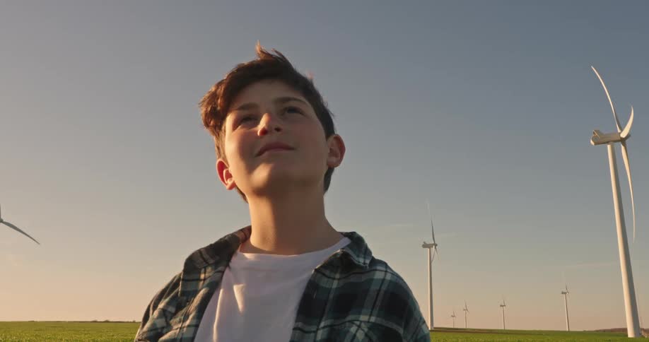 Boy stands smiling while looking upward in the area between the wind turbines at a wind farm on a sunny day