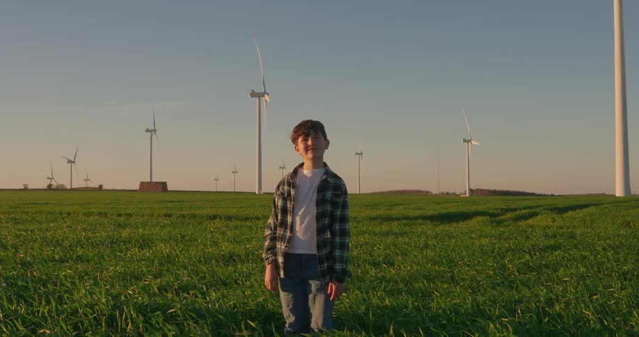 A footage of a boy standing in a wind farm