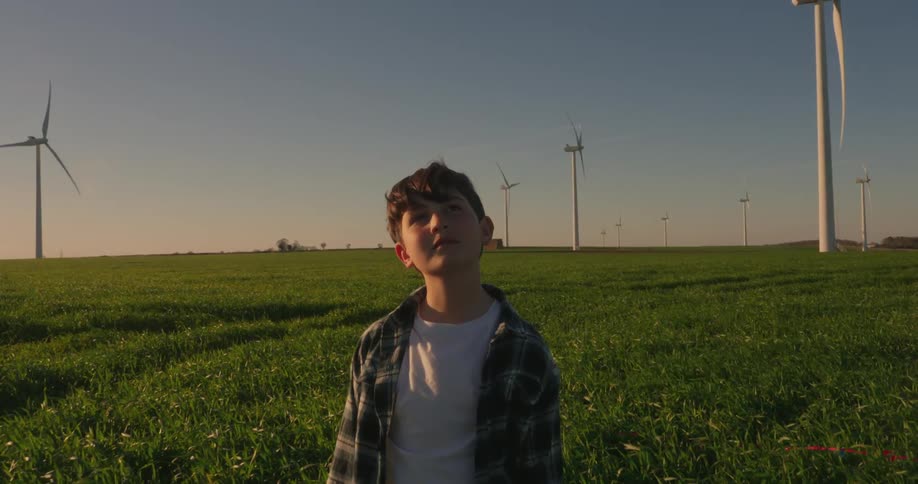 Boy stands in the field between the wind turbines on a wind farm and looks up