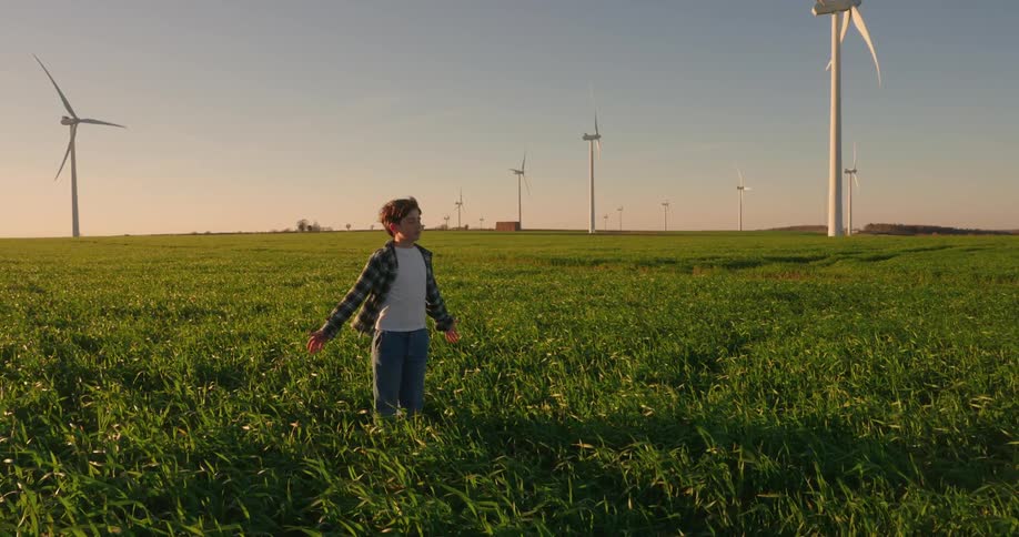 A footage of a boy standing on a grassland