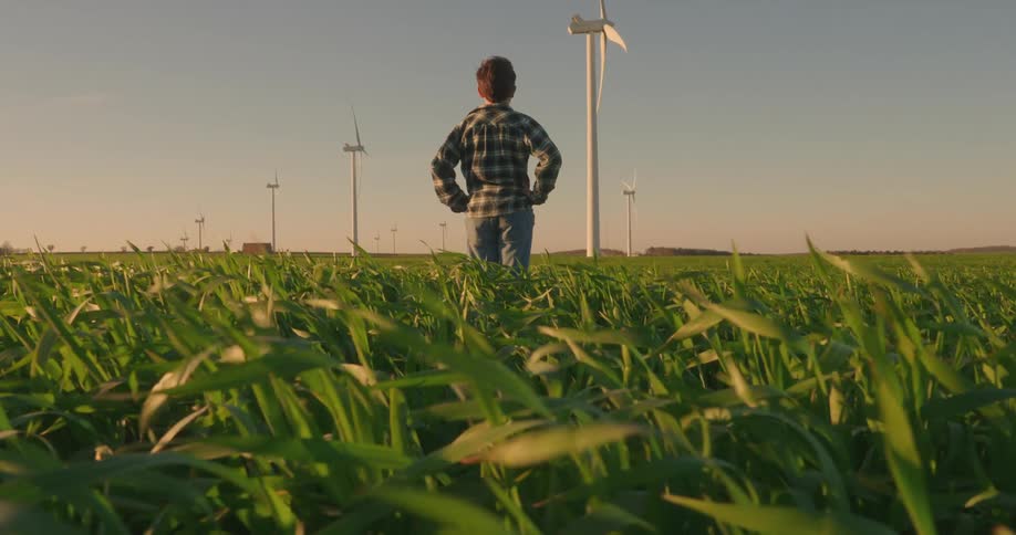 Boy stands with his hands on his hips and looks at one of the wind turbines on a wind farm while red tints the horizon