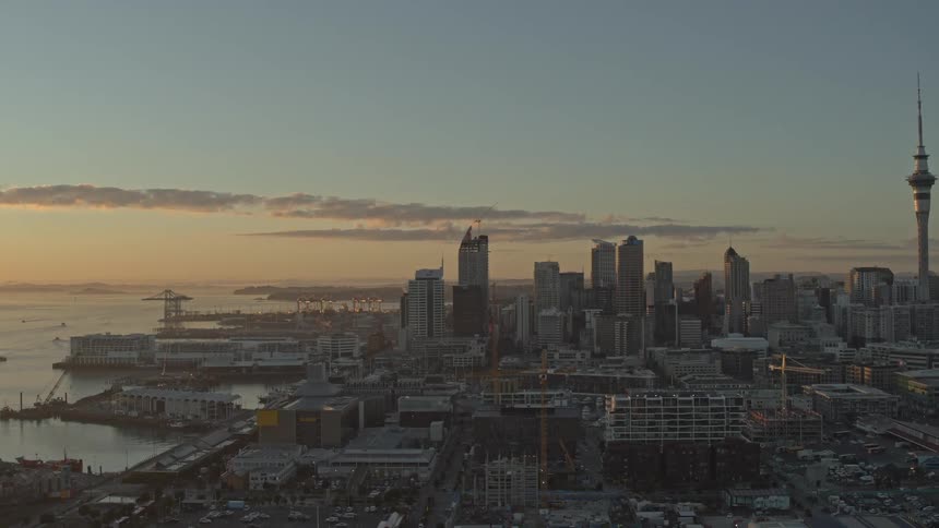 An aerial view captures the sprawling cityscape of auckland new zealand featuring its iconic sky tower against a backdrop of the harbor and a soft early morning or late evening light