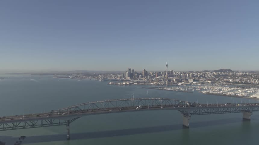 Aerial view of a metropolis with a bridge in the foreground over the sea