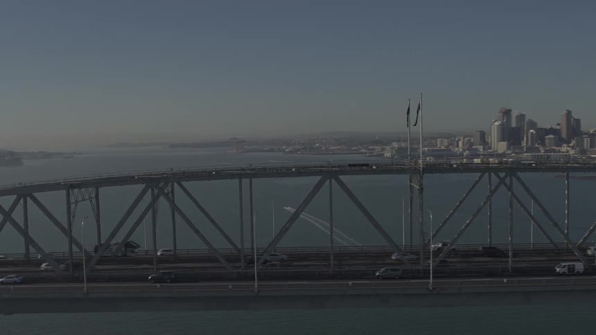 Trucks and cars drive over the long bridge