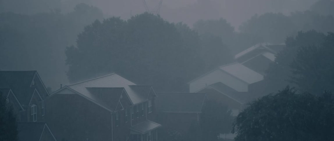 A residential neighborhood with houses and trees partially veiled by rain