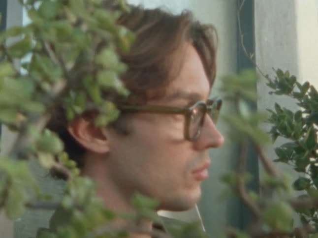 A young man wearing glasses is partially seen behind green foliage