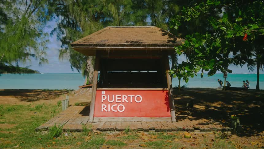 A simple wooden kiosk with a red sign that reads puerto rico sits on a grassy area near a light blue ocean beach where several people are visible in the distance
