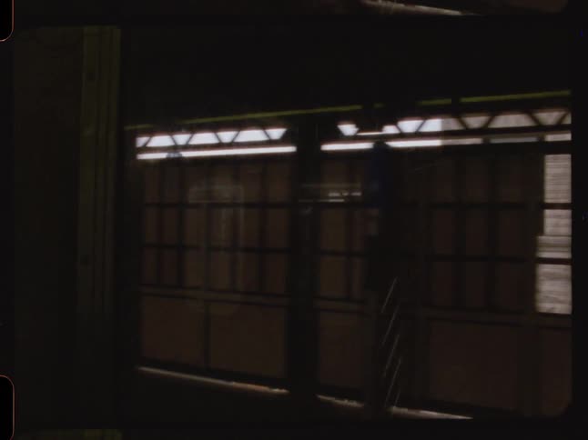 Filmed from a moving train window the view shows a dimly lit station platform structure passing by
