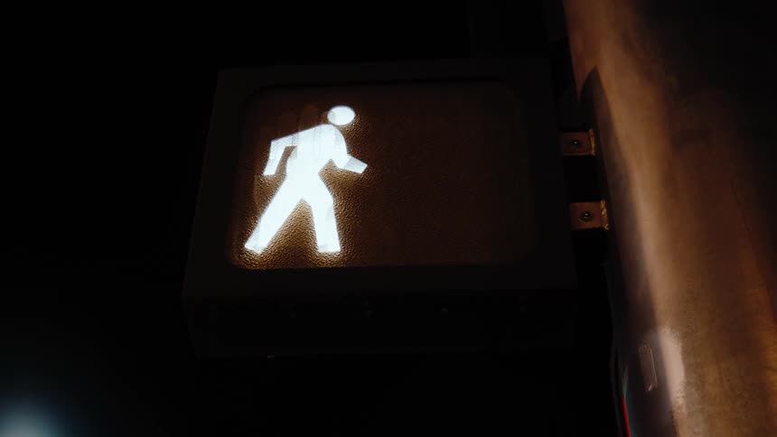 The traffic light displays a walk symbol at night