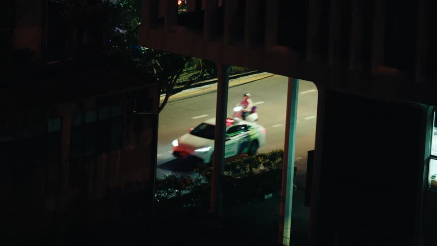 A series of cars and scooters moving along a busy road in the distance with both sides of the road lined with plants at night