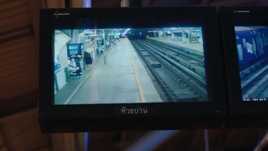 The display shows a train platform with a moving train
