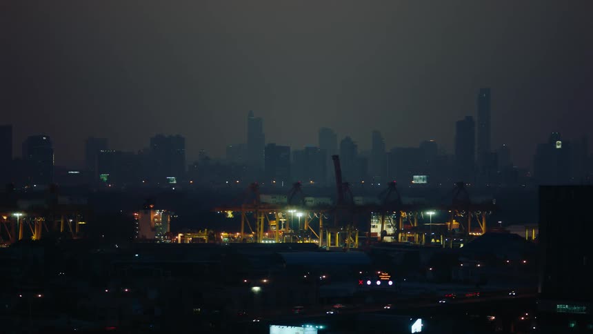 A city skyline at night