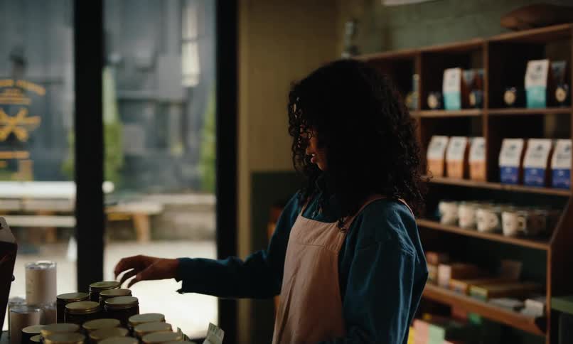 The employee is straightening the product in the restaurant
