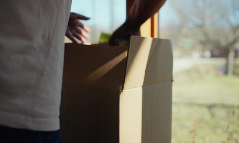 Man unpacking items from a box sitting next to windows of a house