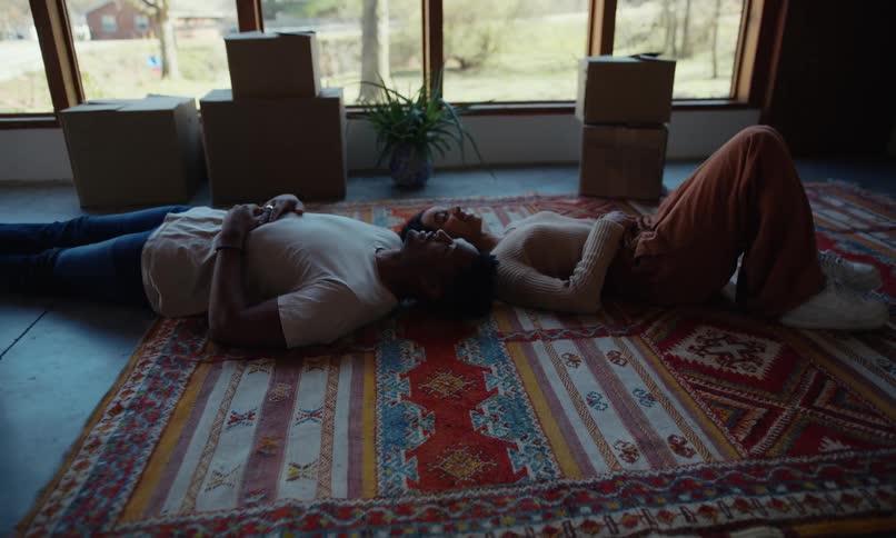 Two people are lying on a colorful patterned rug with their heads touching surrounded by moving boxes and a potted plant
