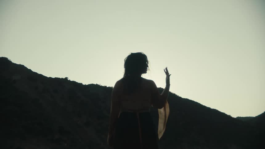 A silhouetted figure stands gesturing with an outstretched arm against a bright sky and dark hilly landscape