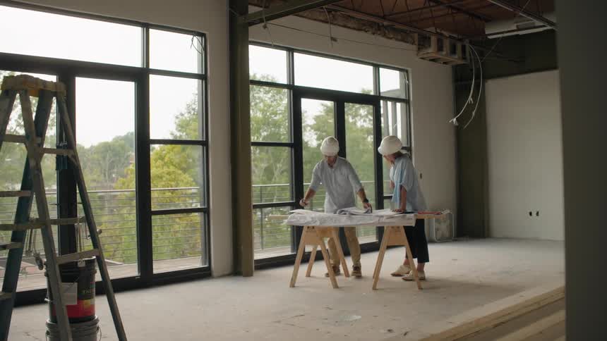 A man and woman are looking at blueprints and pointing around a room that is under construction