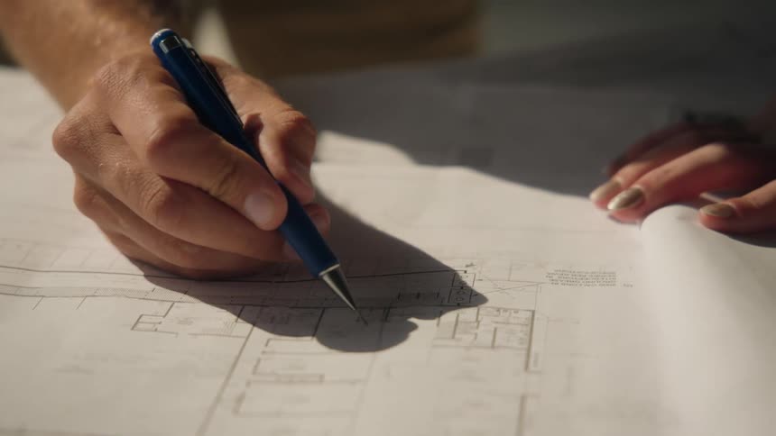Two hands one of them holding a pen interacting with a civil engineering project