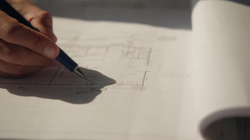 Hand with a pen interacting with a project on a white paper
