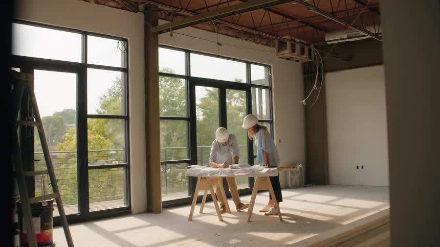Two people in hard hats look at construction plans inside a building under renovation