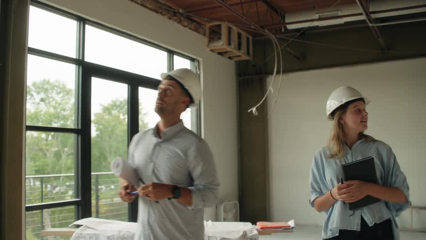 Two construction employees walk around an indoor renovation project