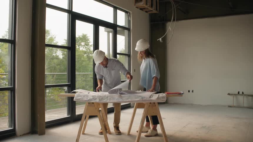 Two engineers wearing protective helmets in an internal area of a civil construction site
