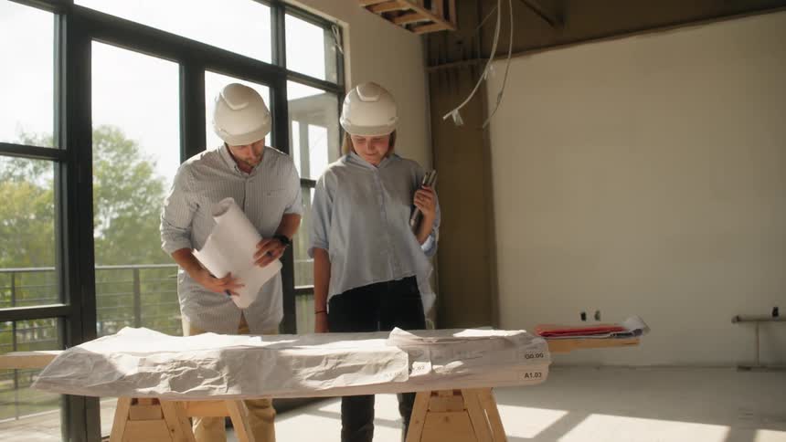Two engineers wearing protective helmets walking towards a project on a civil construction site