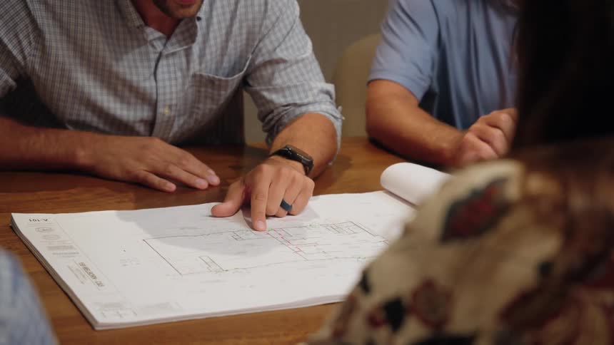 A man is talking and pointing at the blueprints