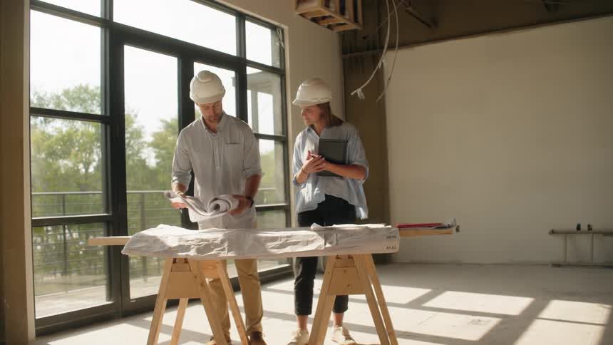 Coworkers consult plans while in an unfinished building during the daytime