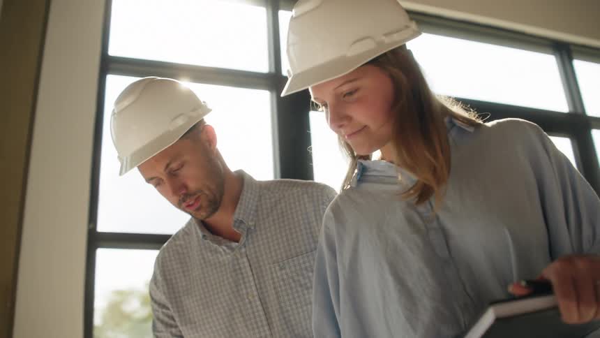Two engineers with protective helmets on a civil construction site and interacting