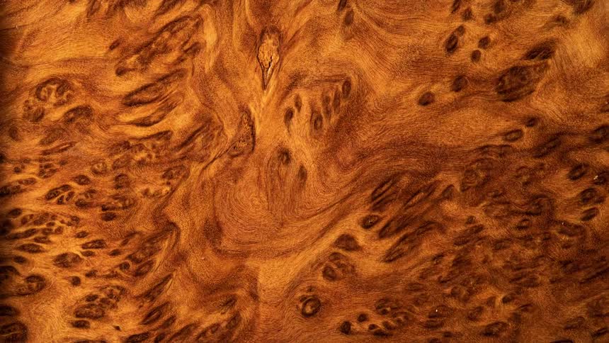 Highly figured wood pattern with wavy grain and dark stains