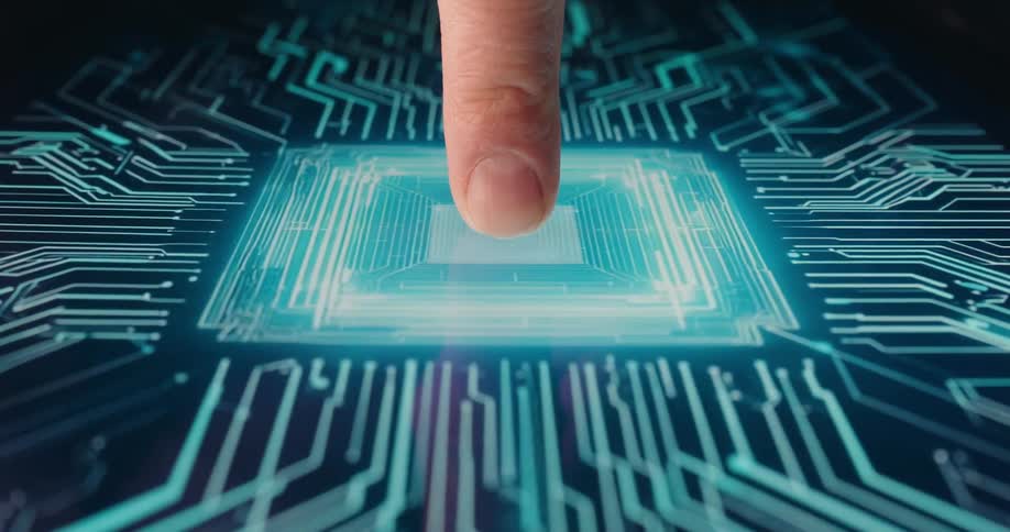Finger pressing the center of a digital interface with circuitry