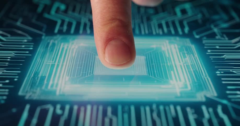 Finger pressing a screen and activating a security system